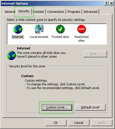 Internet Options configuration dialog