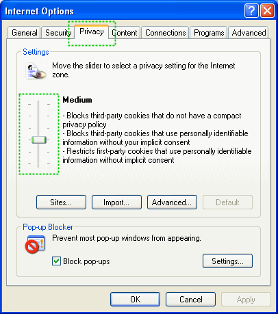 Internet Options configuration dialog